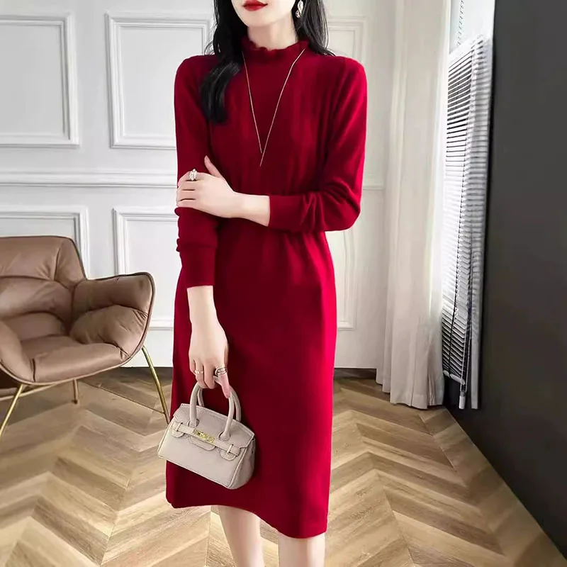 

2025 Autumn Winter Thick Warm Sweater Dress Solid Long Sleeve Ankle-Length Dresses Korean Fashion Agaric Neck Knit Dress Ladies