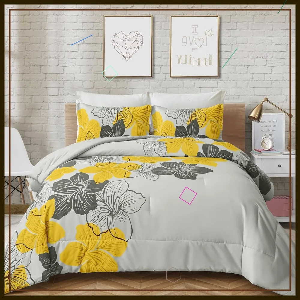 

Queen Yellow Floral Comforter Set, Grey Microfiber Bedding, Lightweight All-Season, 3-Piece with Comforter and Pillowcases