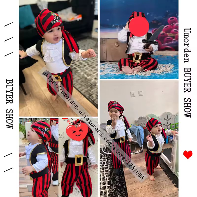 Baby Boys Girls Captain Pirate Costume Infant Toddler Romper Jumpsuit Umorden Halloween Purim Party Fancy Dress Red Stripe - Image 6