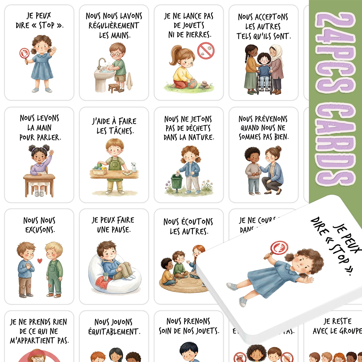 24pcs French Behavior Rules Cards,Preschool Kindergarten Homeschool Interactive Learning Tool,Daily Self-Regulation Manners Card