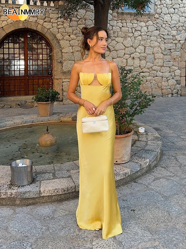 2025 Summer Yellow Satin Dresses Sexy Off Shoulder Hollow Out Lace Up Maxi Gowns Women's Elegant New Holiday Beach Lady Vestidos