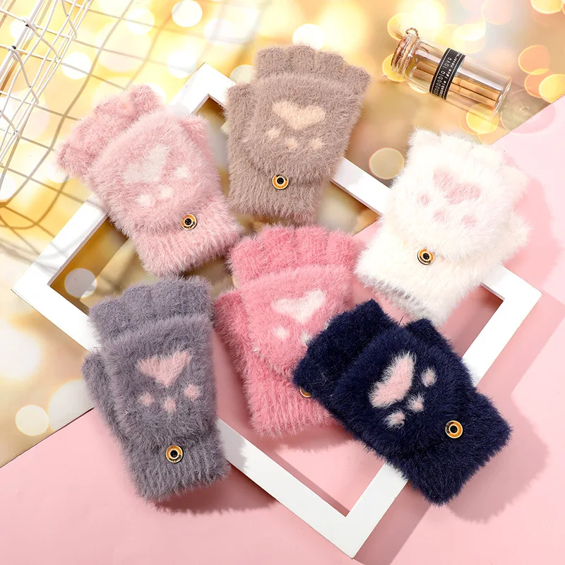 Cat Claw Printed Half Finger Flip Gloves for Students, Cute Plush Winter Writing Warm Gloves Зимние Перчатки
