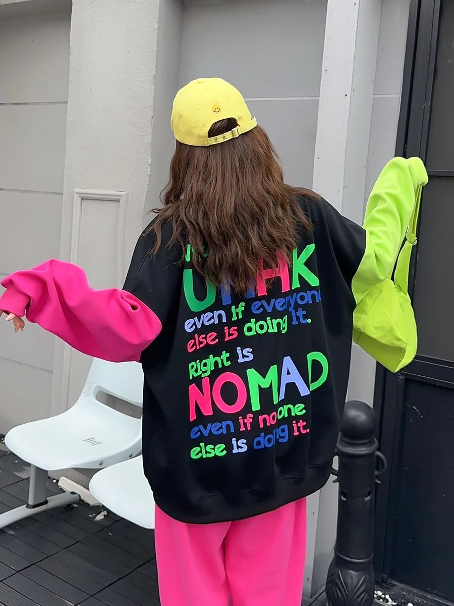 Casual Letter Graffiti Patchwork Oversized Sweatshirts Tops Women Y2k Hoodies Clothes Pullover Long Sleeve Top Vestidos Bust 132