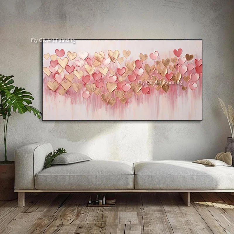 

Ручная роспись розовые золотые сердца абстрактный холст настенное искусство простой большой белый нож толстые цветы картина маслом для декора комнаты