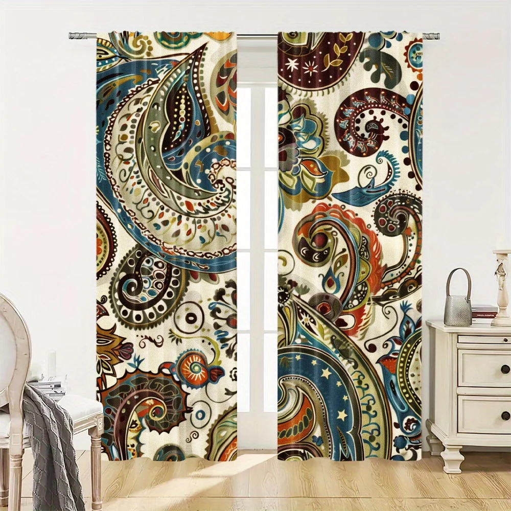 Elegant Bohemian Paisley Print Curtain Pair Drapes for Living Room Bedroom Window Decoration Home Textile 2pcs