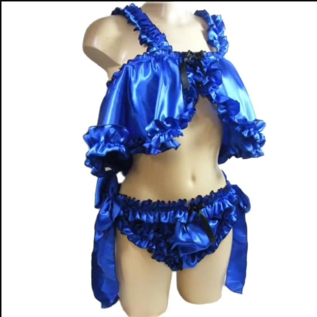 

Комплект из двух предметов Шорты Sissy в сочетании с бантом Синий атлас Яркий цвет Гладкий и сексуальный широкий плечевой ремень по индивидуальному заказу для горничной