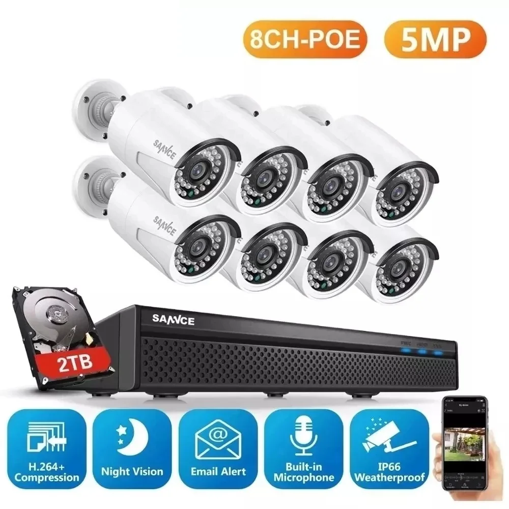 Sistema de Câmera de Segurança Externa, Vigilância por Vídeo, Kit Gravador, Com Fio, NVR, POE, IP66, 8CH, 5MP, 5MP, IR-CUT, CCTV