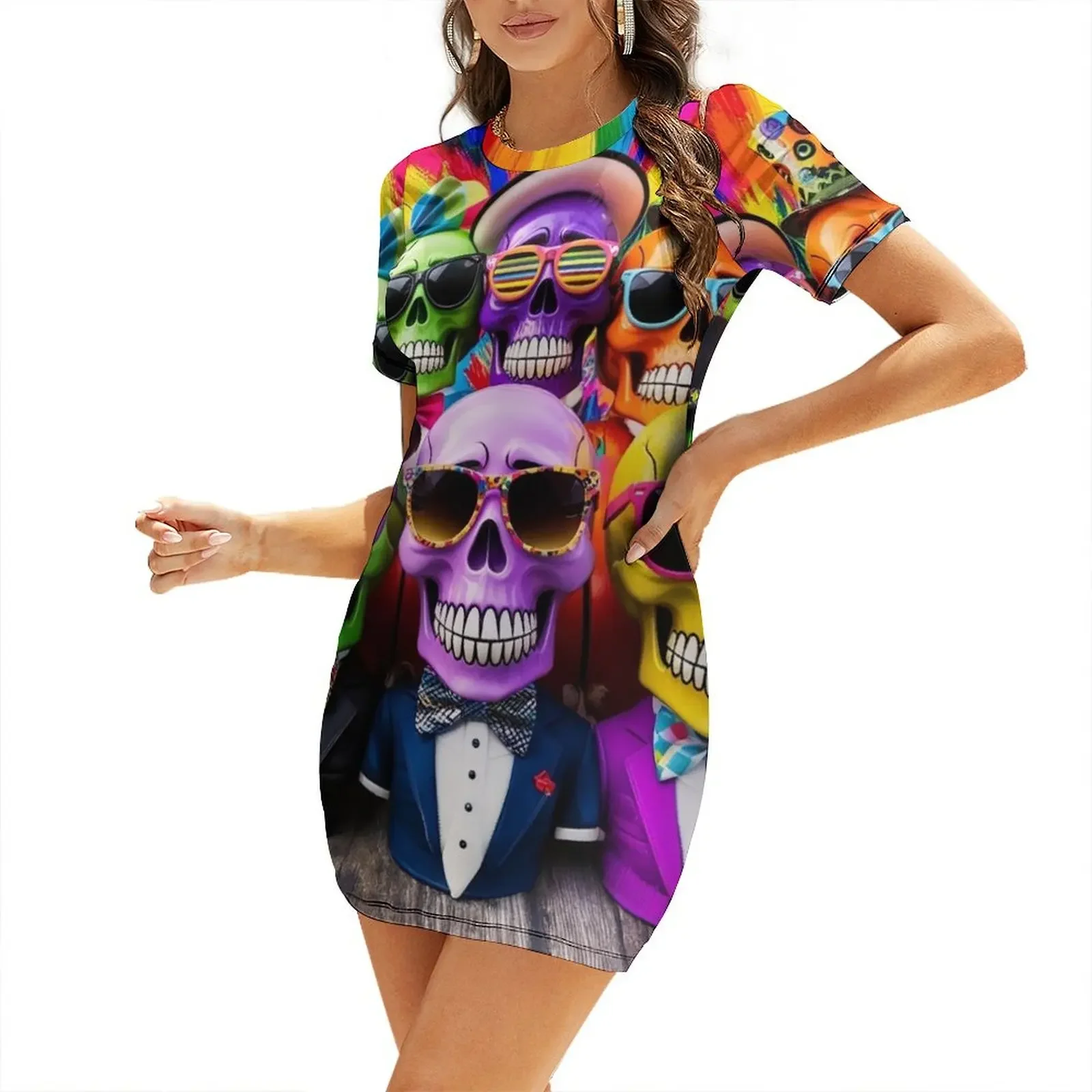 

Cool Skulls: Halloween Color Explosion Short-Sleeved Dress summer women's suit Clothing female