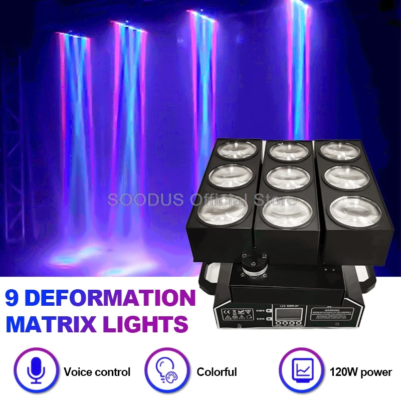 

120W LED Stage Lights Deformable Matrix Disco DJ Light with DMX512 Control Strobe Beam Spot Light for Wedding Party Stage Show