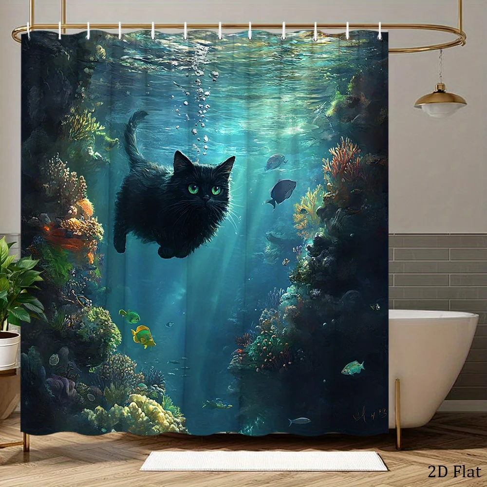 1pc Black Cat Swimming Through Coral Reef Shower Curtain – Whimsical Underwater Scene with Green-Eyed Cat, Vibrant Polyester Fab