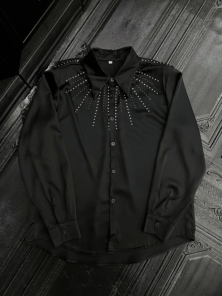 High-end Fashion Striped Hot Diamond Long-sleeve Shirts Men's 2025 Spring Summer New Handsome Trendy Tops Shoulder Padded Shirt