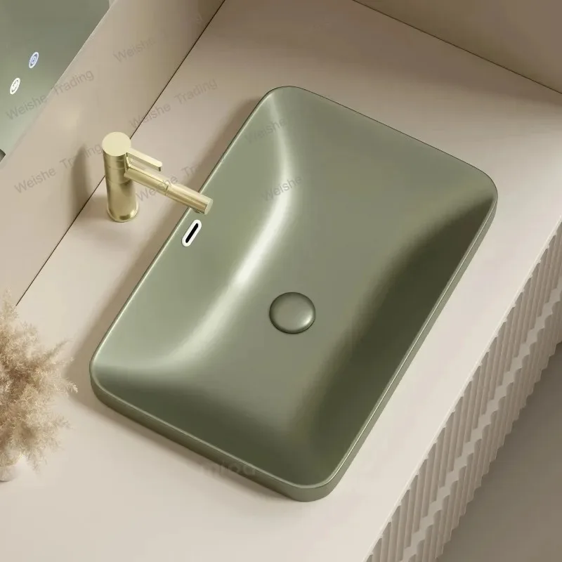 

Retro-style metal-textured semi-recessed bathroom sink square ceramic wash basin for bathroom countertops