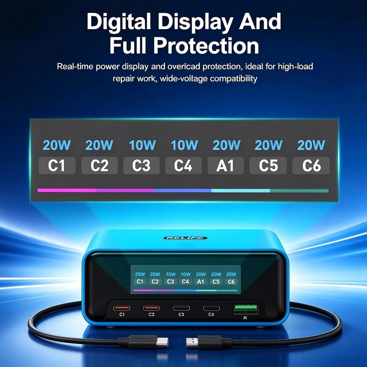 RELIFE Q8 Pro 120W GaN Multi Port Fast Charging Charger, AVS 65W Scalable Cable, for iPhone 18 Mobile Charging Repair Station