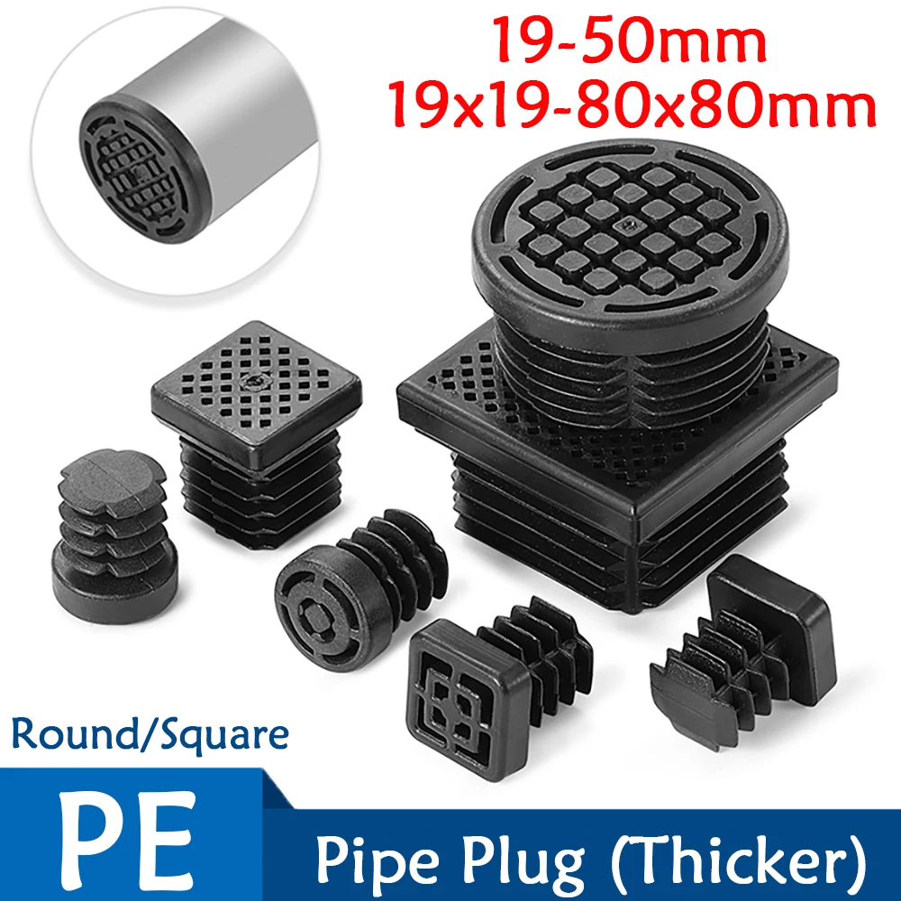 1-100Pcs Square Round Plastic Black Plug Stainless Steel Pipe Head Furniture Table and Chair Foot Pad 19x19mm-80x80mm/19mm-50mm
