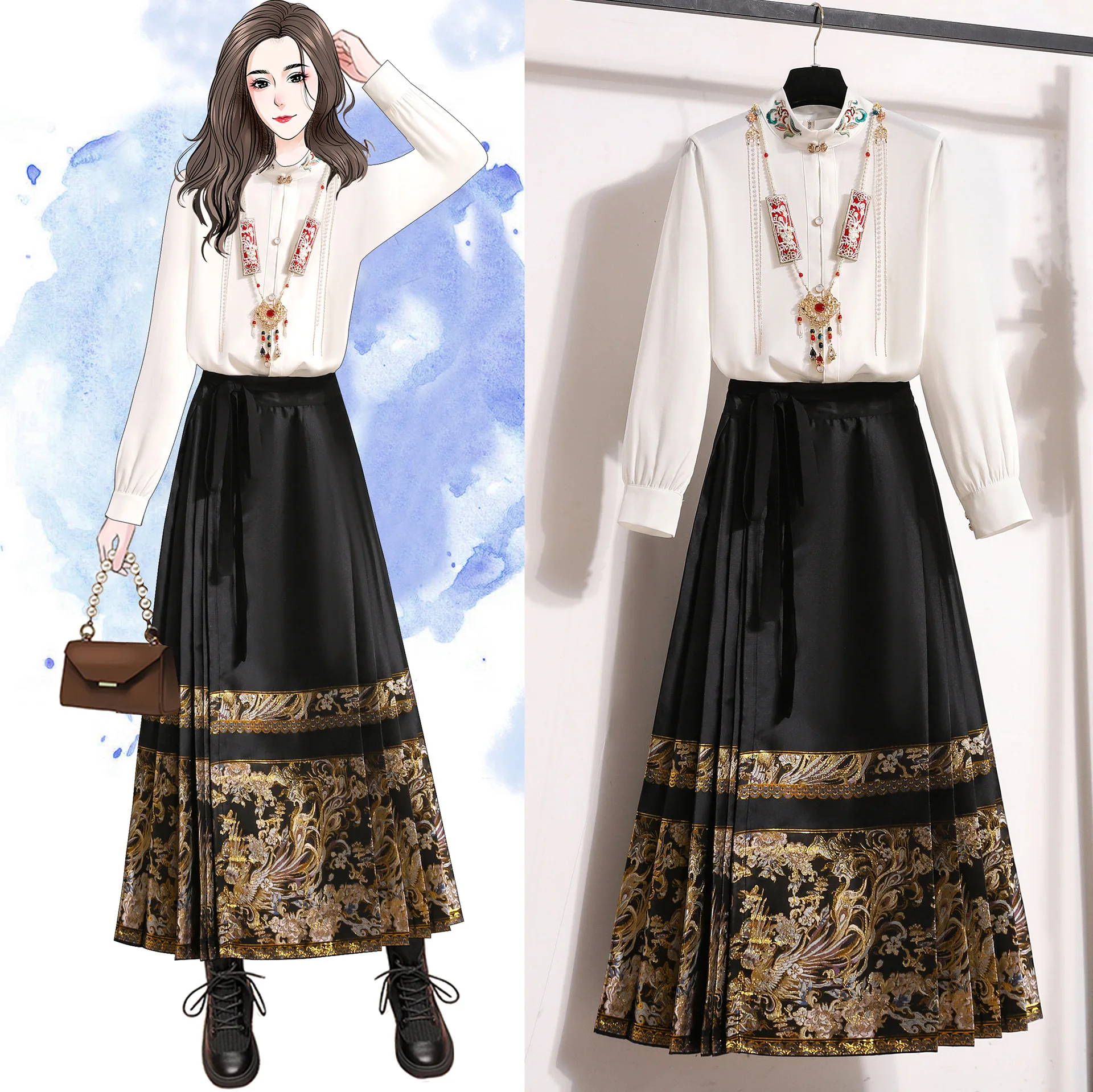 

Hanfu Horse Face Skirt Women Chinese Ming dynasty Modern Jacquard Long Sleeve Hanfu Black Long Pleats Skirt Plus Size XL