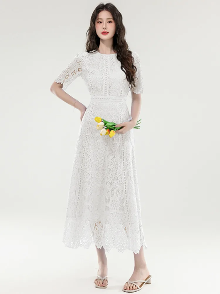 อารมณ์ Vintage Holiday Lace Hollow Out ชุดราตรีสําหรับสตรีฤดูร้อน Slim Elegant แขนสั้นชุดยาวเสื้อผ้าหญิง