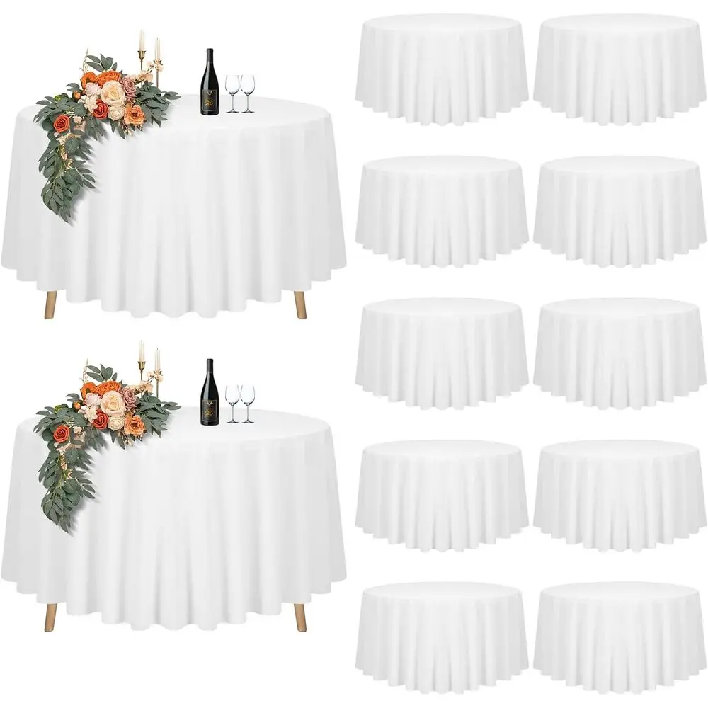 

12 Pack White Polyester Tablecloths - 120 inch Round, Waterproo, Stain Resistant, Washable Table Cover or Wedding, Party, Buet,
