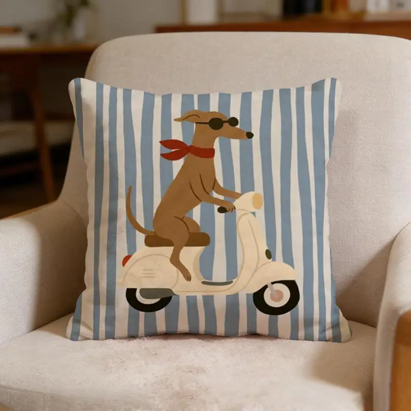 Funny Dog Riding Scooter Pillow Case Cute Cartoon Animal Cushion Cover Blue Striped Home Decor for Sofa Bedroom Living Room Gift