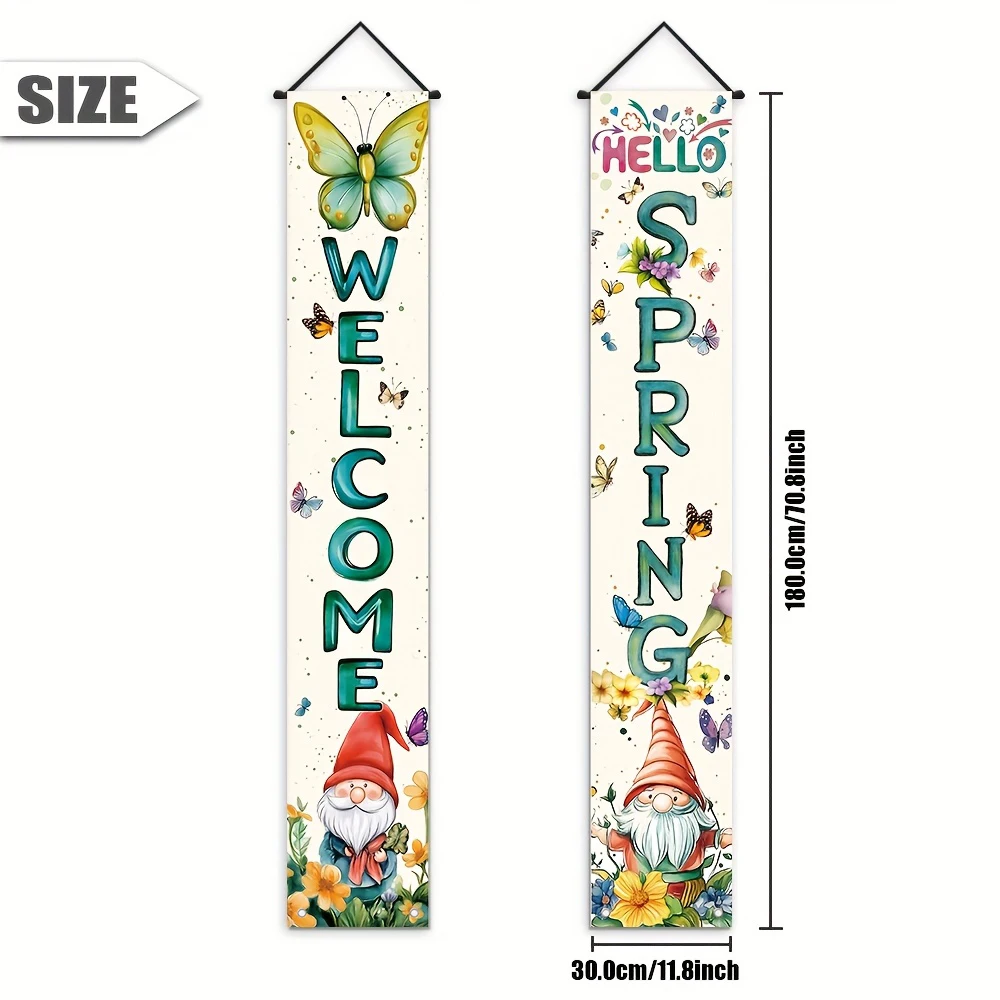 2D Flat Durable Polyester Spring Couplet Decor with Gnomes, Butterflies & Floral, Indoor Outdoor Home Porch Party Decoration