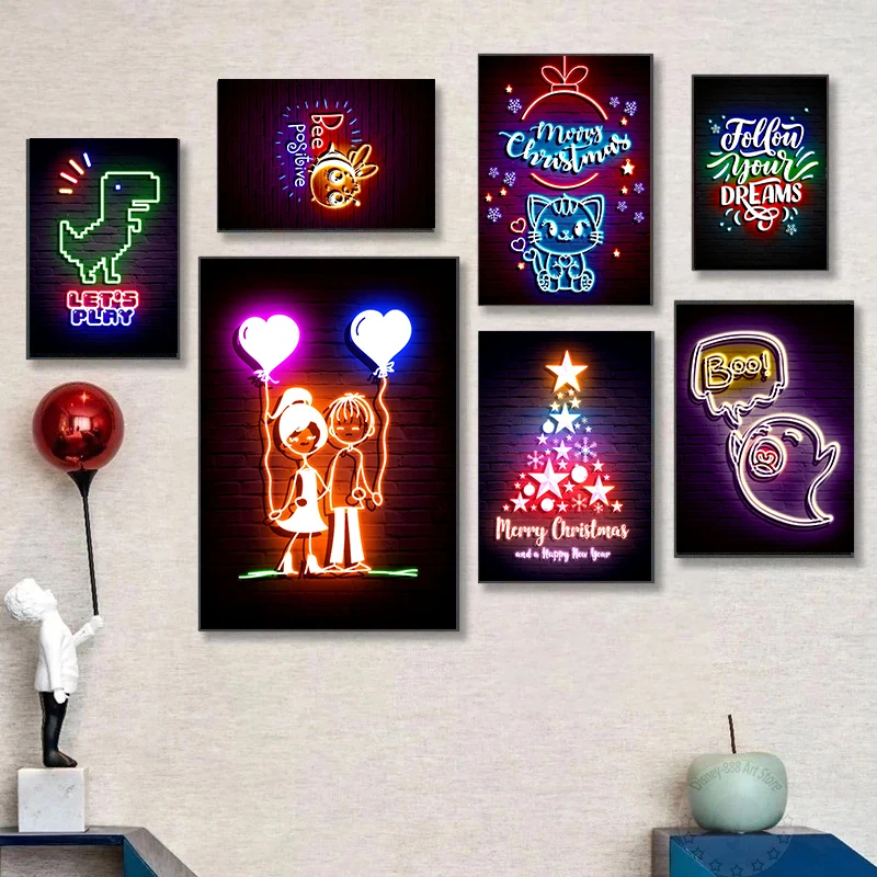 Neon Art Boy Girl Love Balloon Christmas Game Zone Poster Print Canvas Painting Quotes Inspiration Wall Art Home Decor NO LED