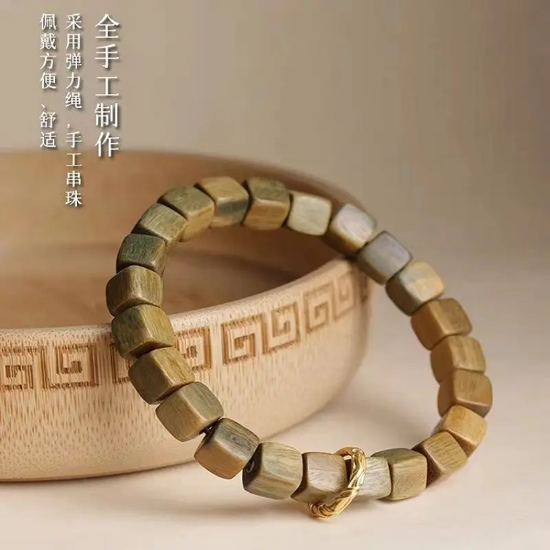 New Square Pure Natural Ebony Bracelet Chinese Style WenPlay Green Sandalwood Handmade Couple Student Personalized HandString