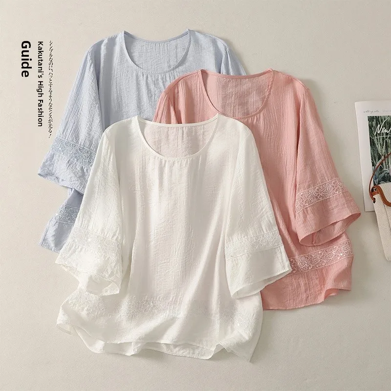 Summer Loose Fit Embroidered Beaded Midi Sleeve T-Shirt Thin Transparent round Neck Casual Style Polyester Cotton Blend T-Shirt