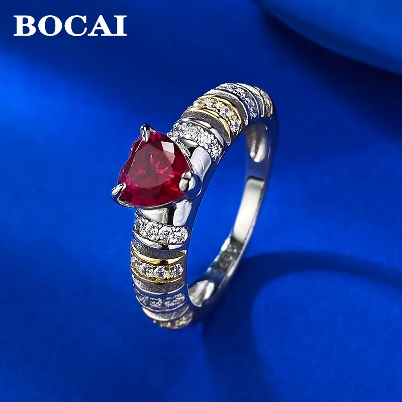 BOCAI 100% S925 Silver Colored Treasure Natural Garnet Ring for Women Heart-Shaped Gemstone Jewelry Wholesale