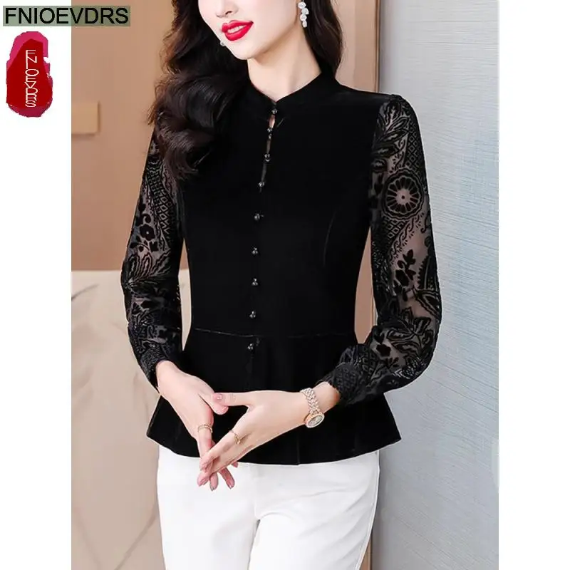 Black Lace Velvet Retro Vintage Peplum Tops New Design Women 2024 Autumn Long Sleeve French Style Hollow Basics Shirts Blouses