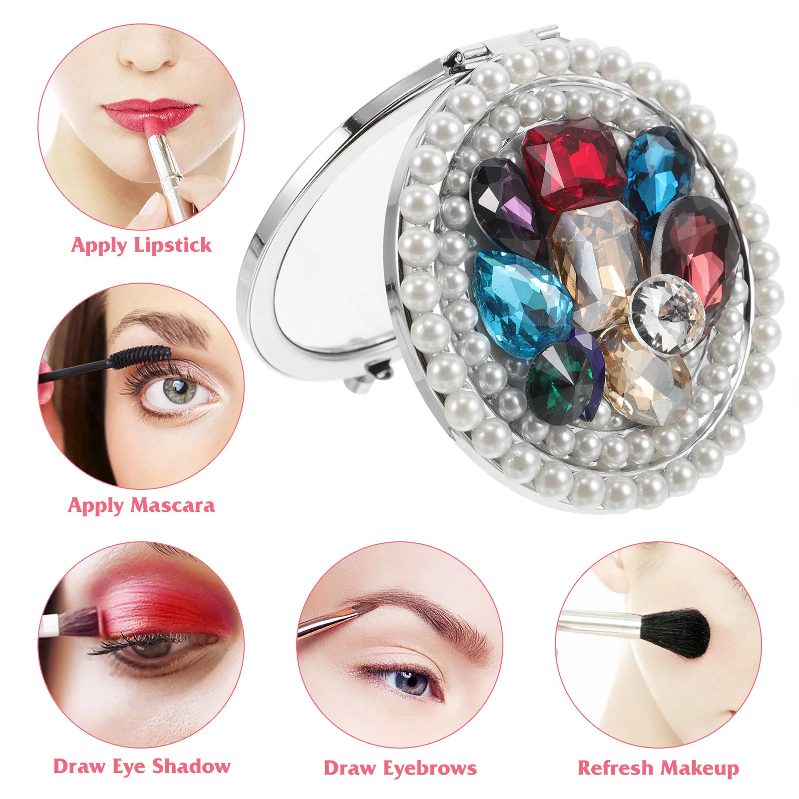 Espejo portátil de doble cara con aumento de acento de diamantes de imitación, bolso de maquillaje de viaje compacto de Metal, accesorio de bolsillo