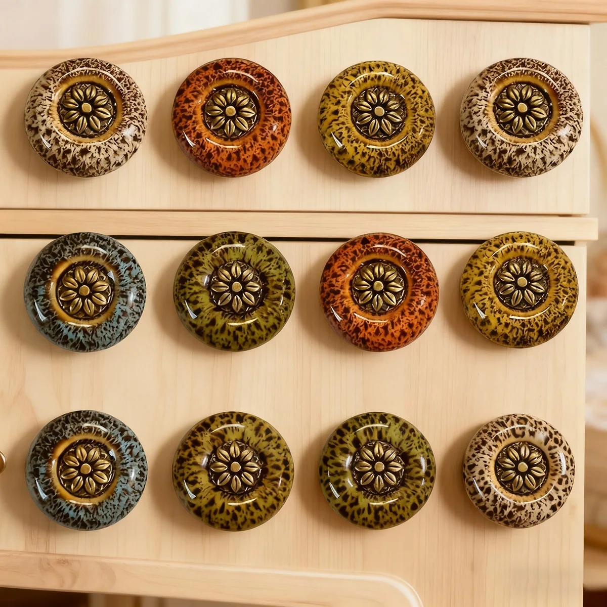 5-10 Leopard Print Single Hole Round Ceramic Cabinet Door Handles, Ceramic Handles, Suitable for Wardrobes and Drawers