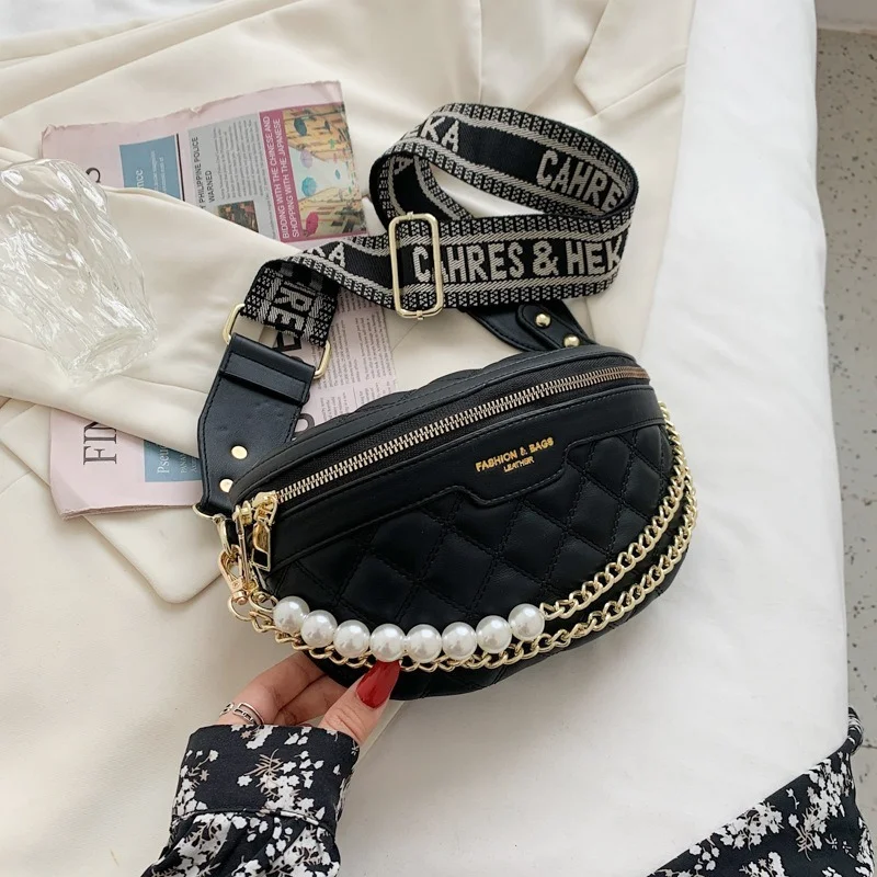 Luxury pearl Beading Chain Waist Bags For Women Diamond Lattice PU Fanny Pack Female Stylish Waist Pack Wide Strap Crossbody Bag