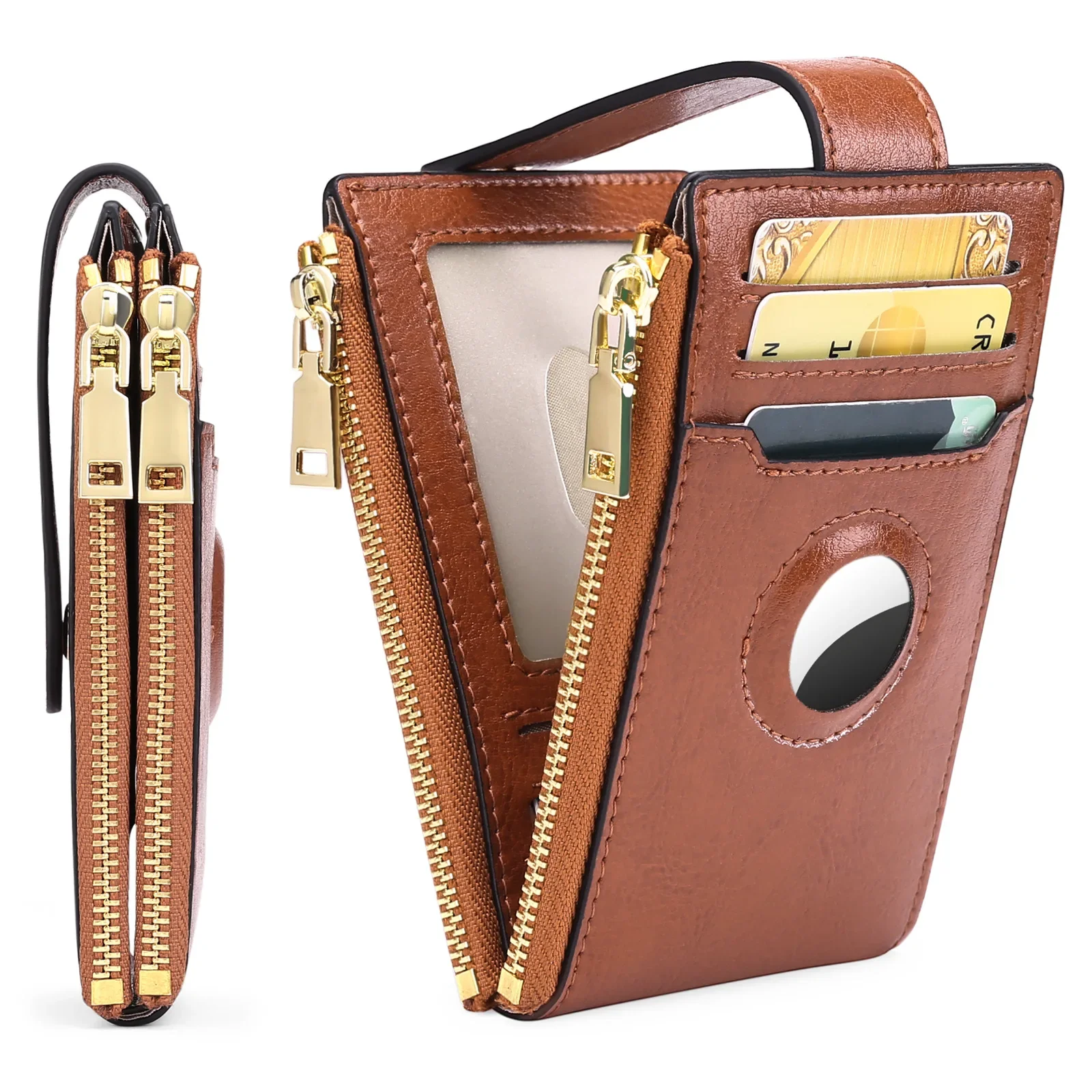 

Vintage Style Genuine Leather Zipper Bifold Card Holder Airtag Tracker Coin Purse Two-layer Oil-treated Cow Leather Wallet