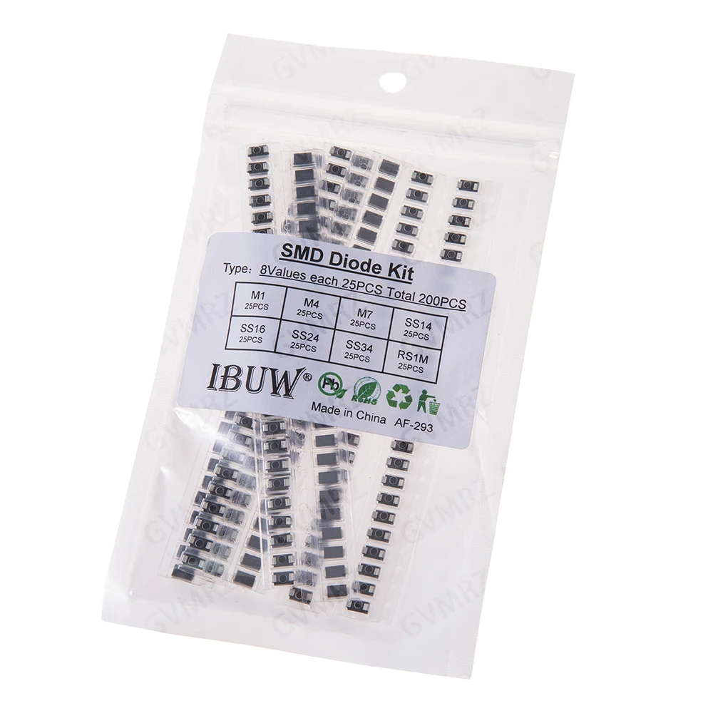 200PCS 8Values SMD Diode Kit M1 M4 M7 SS14 SS16 SS24 SS34 RS1M for Electronic Rectification Projects  SS14 SS16 SS24 M1 M4