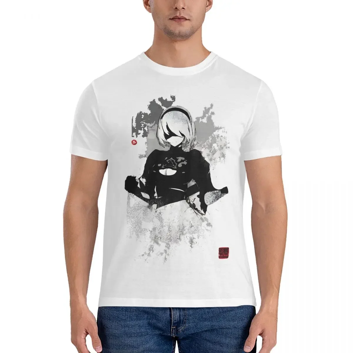 Nierautomata 2B Japan Ink T Shirt for Men Cotton Funny T-Shirts O Neck NieR Automata Tee Shirt Short Sleeve Clothing