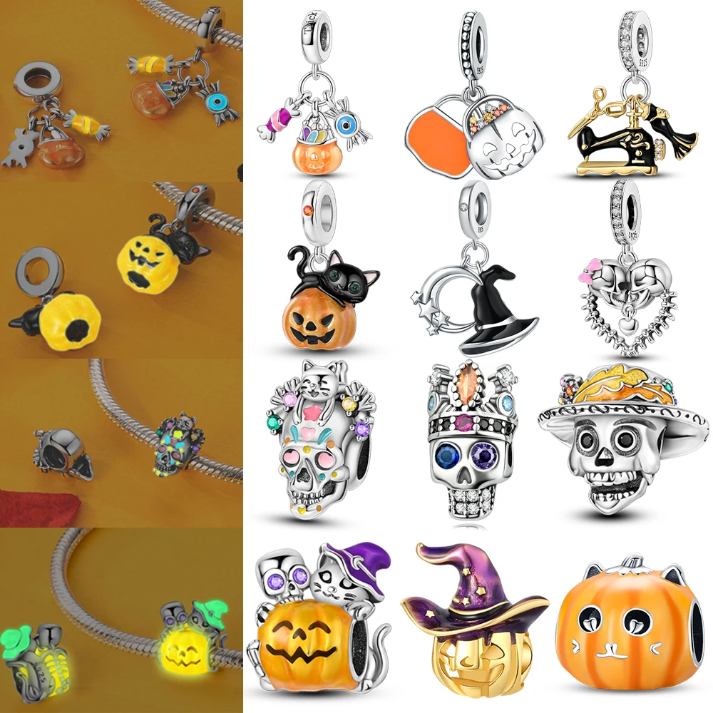 

Halloween 925 Sterling Silver Luminous Pumpkin&Witch Hat&Zombie Skeleton Dangle Charm Fit Bracelet Necklaces DIY Jewelry