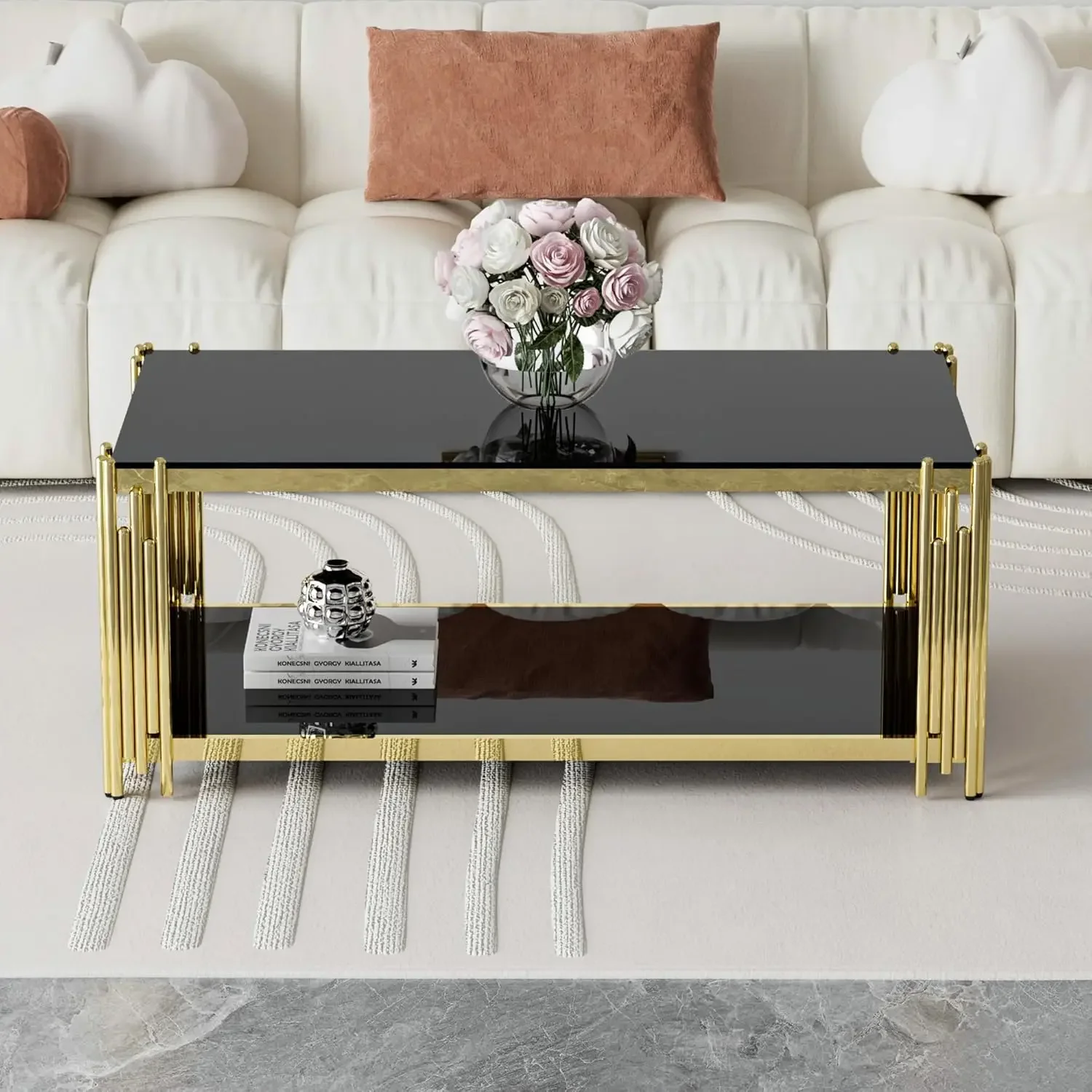 Black Glass Coffee Table Modern Living Room Table Gold Stainless Steel Metal Leg Rectangular Tempered Glass Center Table