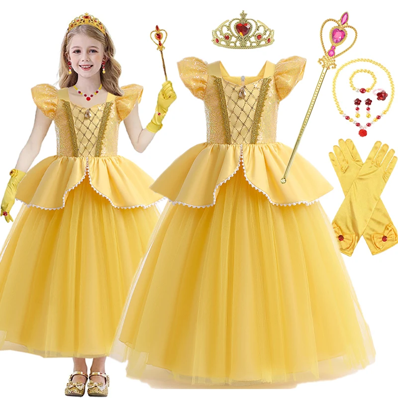 2024 Belle Princess Dress Girls Cosplay Costume Children Halloween Birthday Party Clothes Beauty and The Beast Sequin Prom Gown