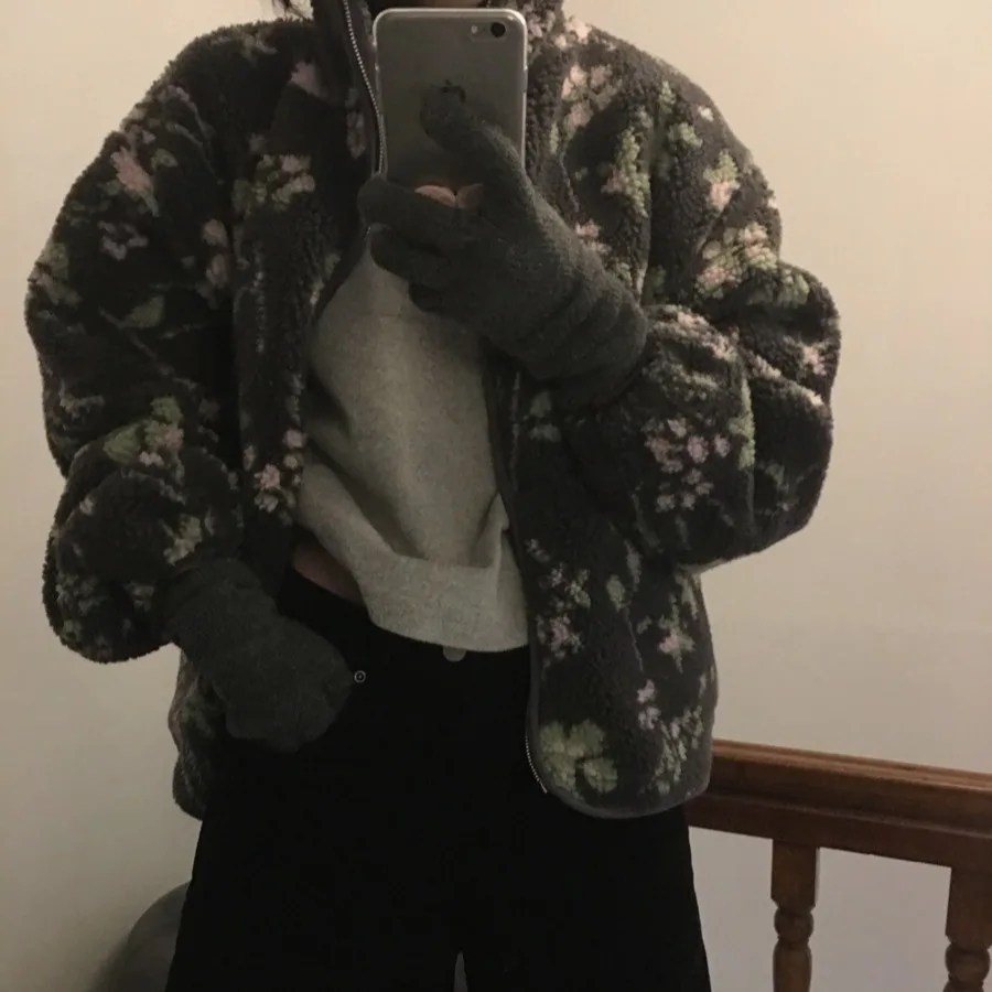 Faionable Autumn Winter Floral Print Lamb Fur Zipper ket Cotton Jaet Women's Sli Anti-Aging Outerwear Coat