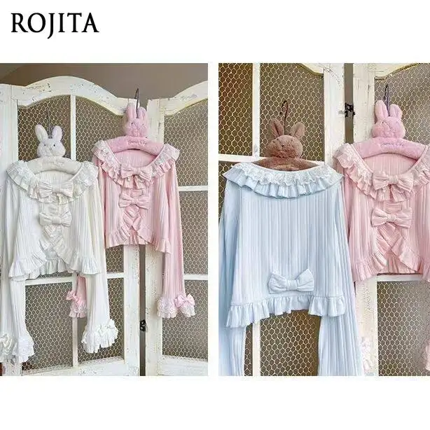 

Sweet Lolita Cropped Shrug Cardigan Ruffled Peter Pan Collar Puff Sleeve Lolita Knitted Jacket Top Cardigan Multi-Color Options