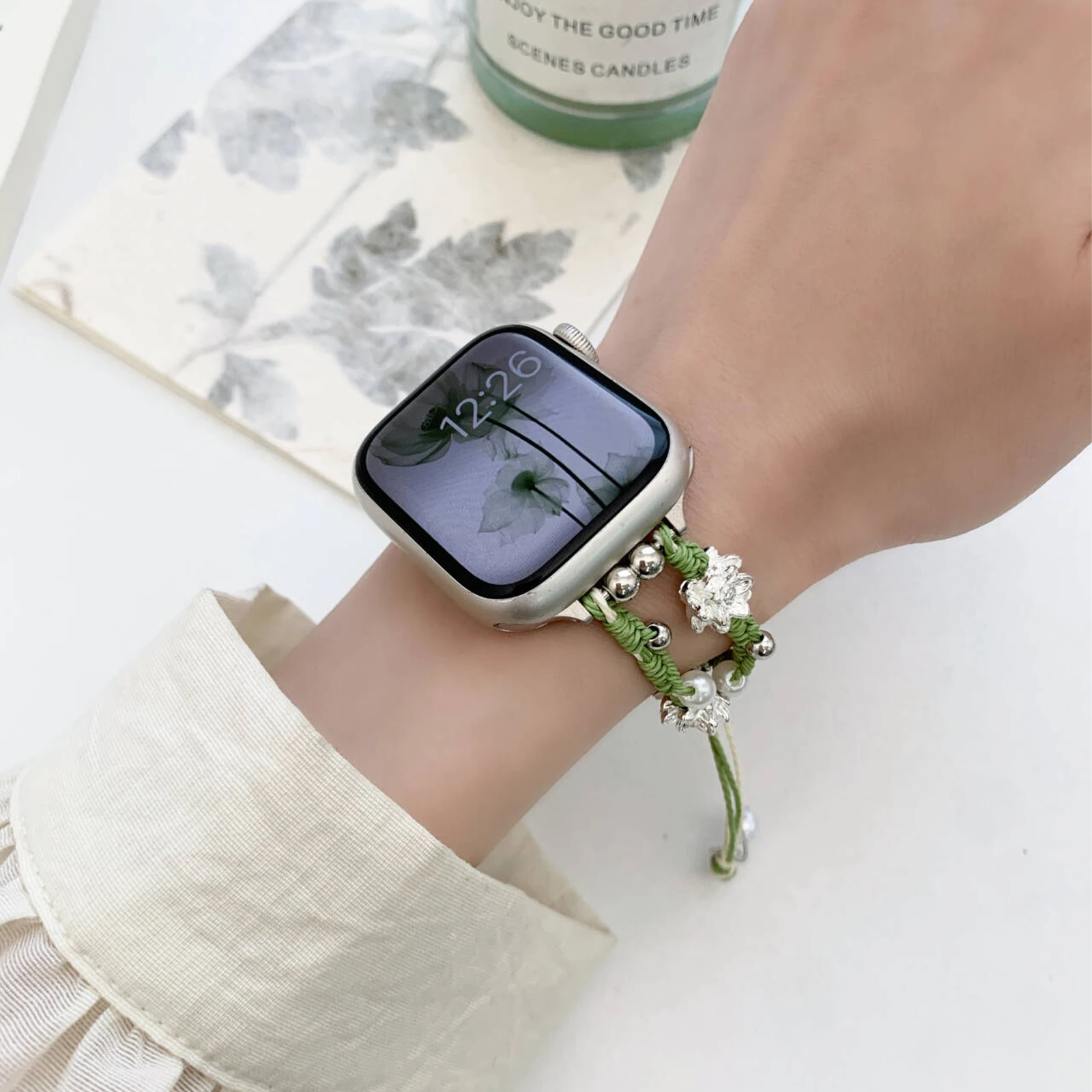 Креативный тканый ремешок на шнурке с ремешком для Apple Watch, металлические аксессуары в виде лотоса, браслет для Iwatch 40, 44, 45 мм, запястье с сладким жемчугом