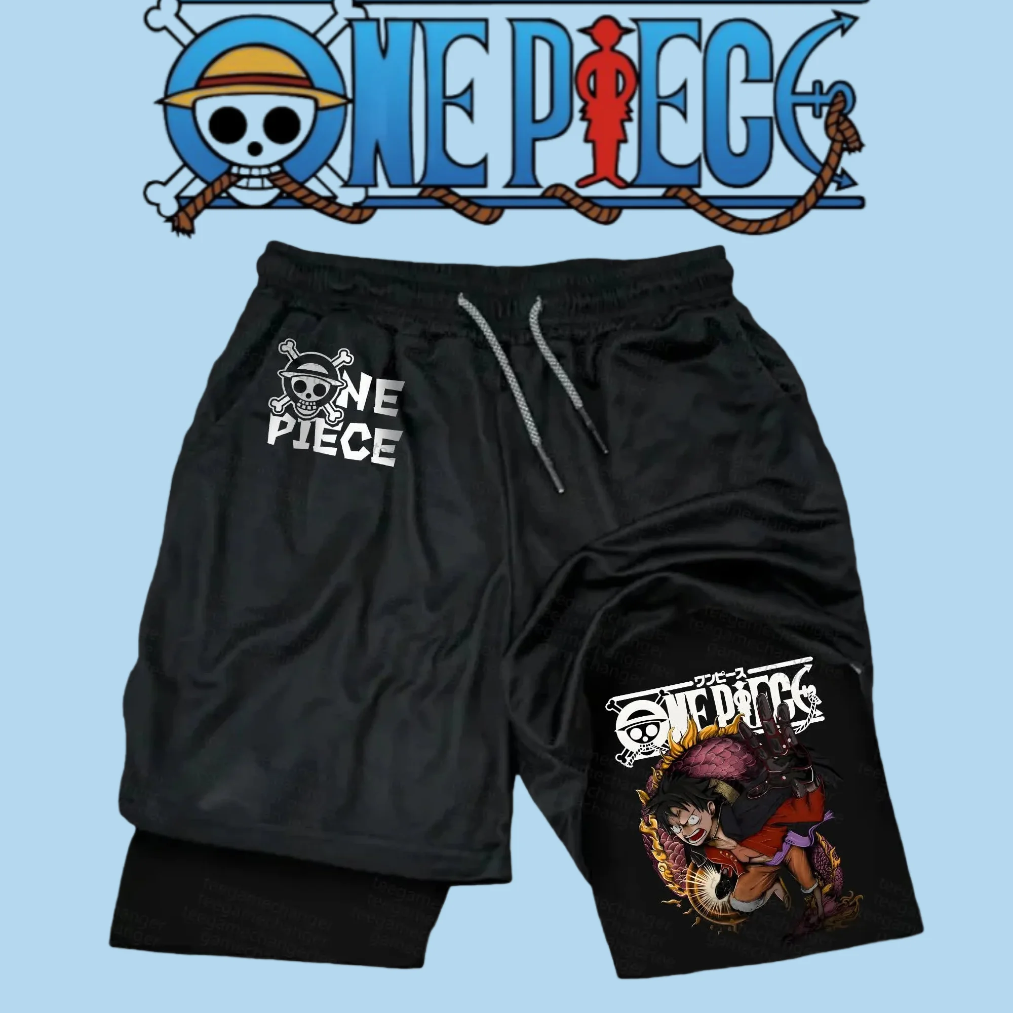 قطعة واحدة لوفي أنيمي طباعة 2025 الرجال النساء طبقة مزدوجة السراويل الصيف جديد Harajuku تنفس القطن الخالص السراويل الرياضية