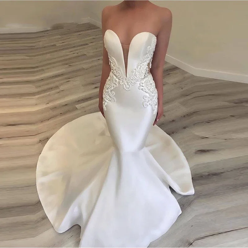 Sexy Mermaid Wedding Dresses Appliques Beaded Robe De Maria Elegant Satin Bridal Gowns Vestidos De Noiva