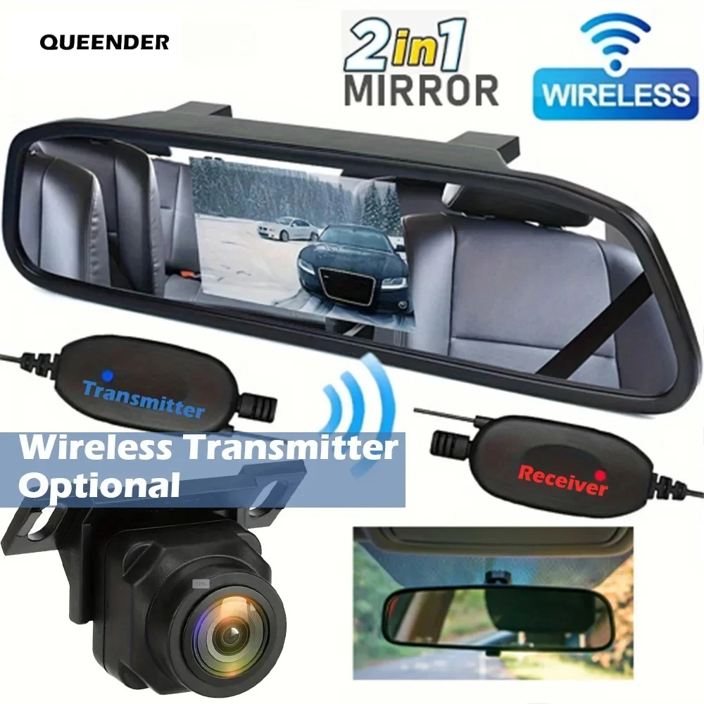 QueenDer 2-in-1 Car Inside Mirror Camera Kit - Rear View Backup with Wired/Wireless Transmitter for Reverse Parking
