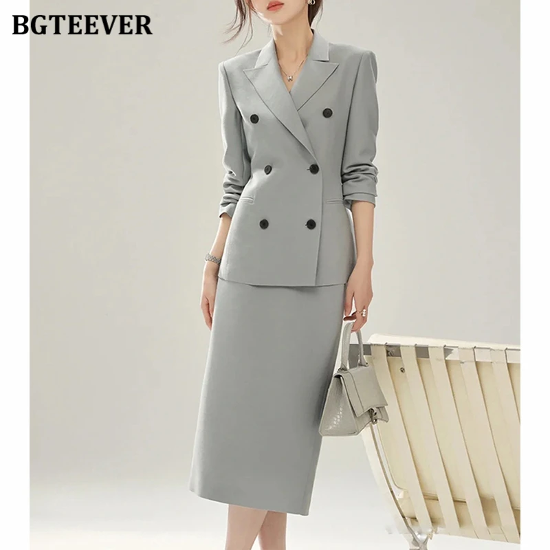 BGTEEVER Autumn Ladied 2 Pieces Skirt Set Long Sleeve Double Breasted Jackets & High Waist Pencil Skirts Women Blazer Set