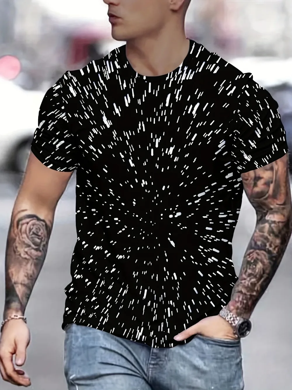 Black and white abstract ink wash painting 3D Print T‑Shirt  Dynamic Streaks Tee Tech‑Inspired Casual Short Sleeve Tops for Men