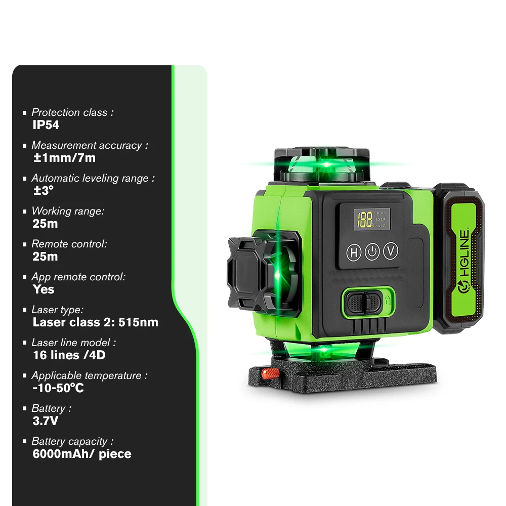 4D 16-line laser level, self-leveling 360 ° horizontal vertical super strong green laser level APP remote control
