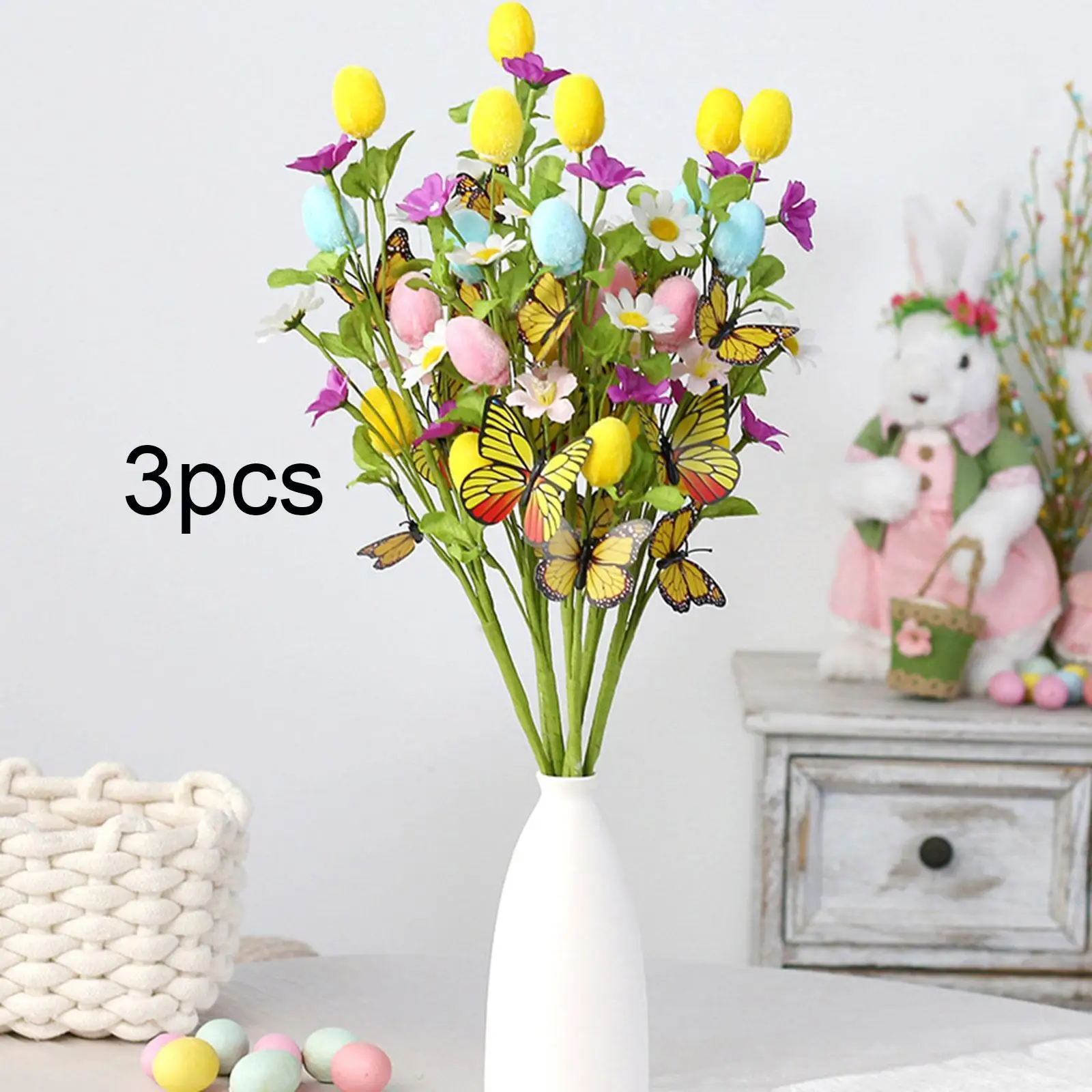 

3 искусственных цветочных композиции с яйцами, пасхальное украшение, искусственные цветочные стебли с яйцами и бабочками