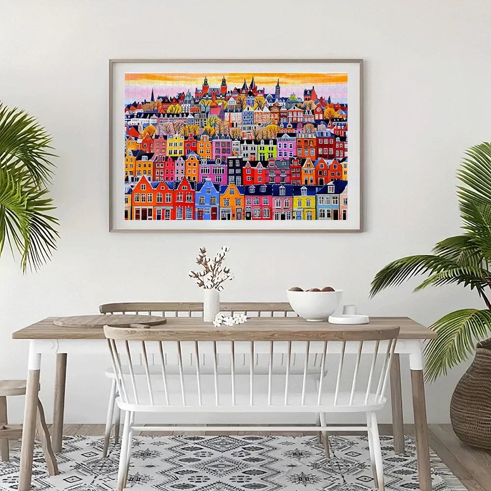 1000 stuks puzzel voor volwassenen - levendig stadsgezicht met kleurrijke gebouwen en herfstbomen, grote familieactiviteit, hersenen