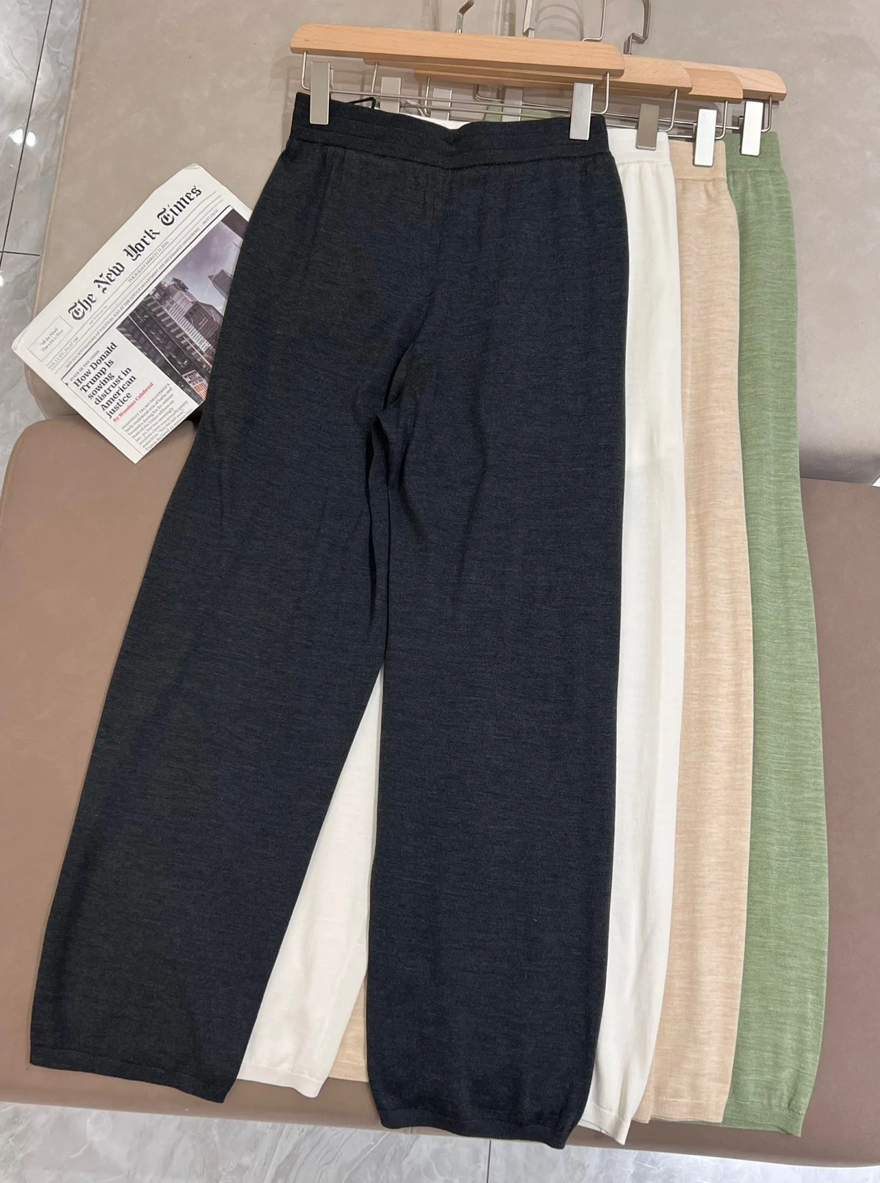 Casual knitted thin silk wool high elastic waist straight pants