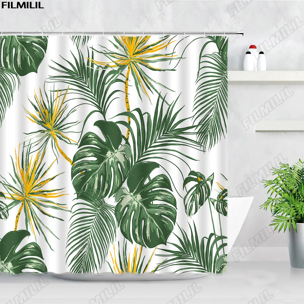 Rideaux de douche en tissu d'art aquarelle moderne, plantes tropicales, cuir chevelu de palmier, feuilles vertes, colibri, ensembles de rideau de bain HODecor